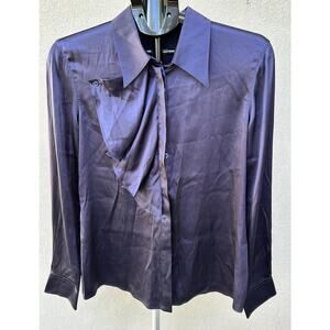 Armani Collezioni Silk Blouse Size 10 Navy Blue Satin Ruffle Shirt Made in Italy